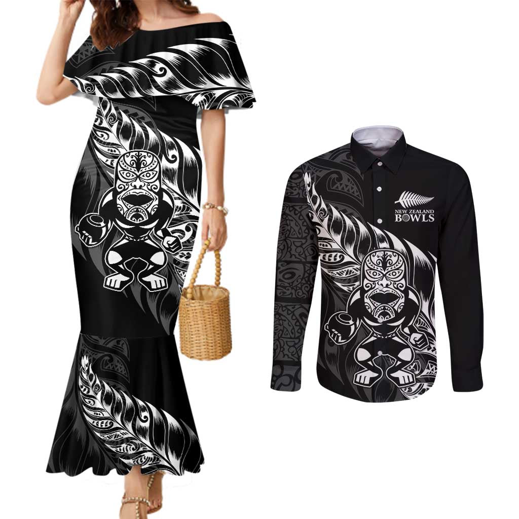New Zealand Lawn Bowls Custom Couples Matching Mermaid Dress and Long Sleeve Button Shirt Black Maori Warrior Tribal Silver Fern LT9 Black - Polynesian Pride