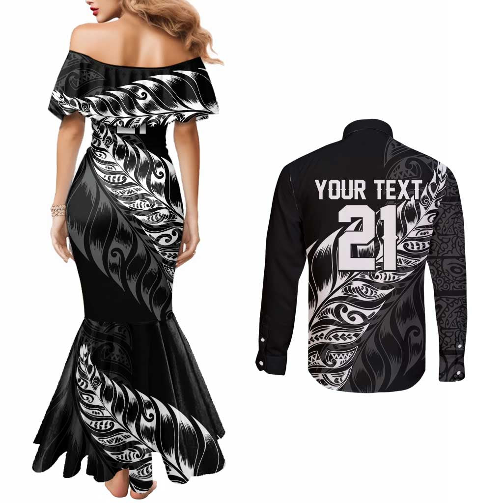 New Zealand Lawn Bowls Custom Couples Matching Mermaid Dress and Long Sleeve Button Shirt Black Maori Warrior Tribal Silver Fern LT9 - Polynesian Pride