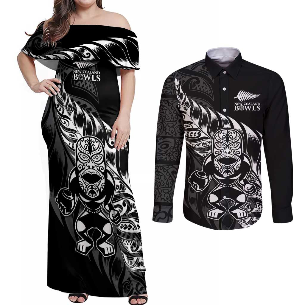 New Zealand Lawn Bowls Custom Couples Matching Off Shoulder Maxi Dress and Long Sleeve Button Shirt Black Maori Warrior Tribal Silver Fern LT9 Black - Polynesian Pride