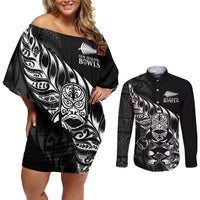 New Zealand Lawn Bowls Custom Couples Matching Off Shoulder Short Dress and Long Sleeve Button Shirt Black Maori Warrior Tribal Silver Fern LT9 Black - Polynesian Pride