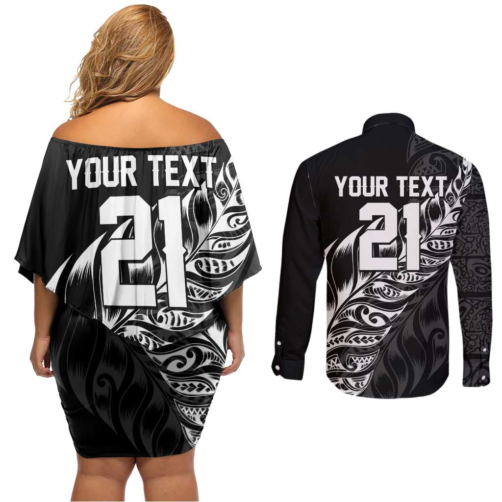 New Zealand Lawn Bowls Custom Couples Matching Off Shoulder Short Dress and Long Sleeve Button Shirt Black Maori Warrior Tribal Silver Fern LT9 - Polynesian Pride