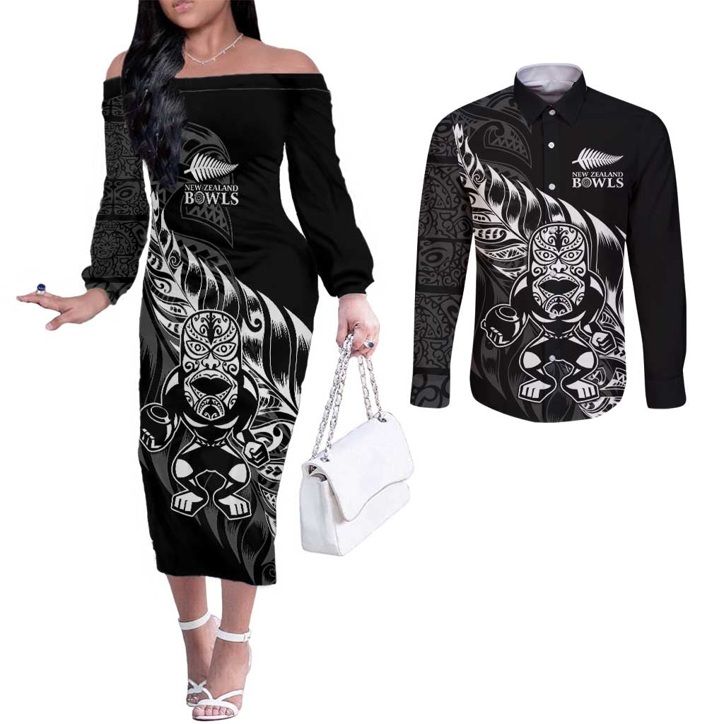 New Zealand Lawn Bowls Custom Couples Matching Off The Shoulder Long Sleeve Dress and Long Sleeve Button Shirt Black Maori Warrior Tribal Silver Fern LT9 Black - Polynesian Pride