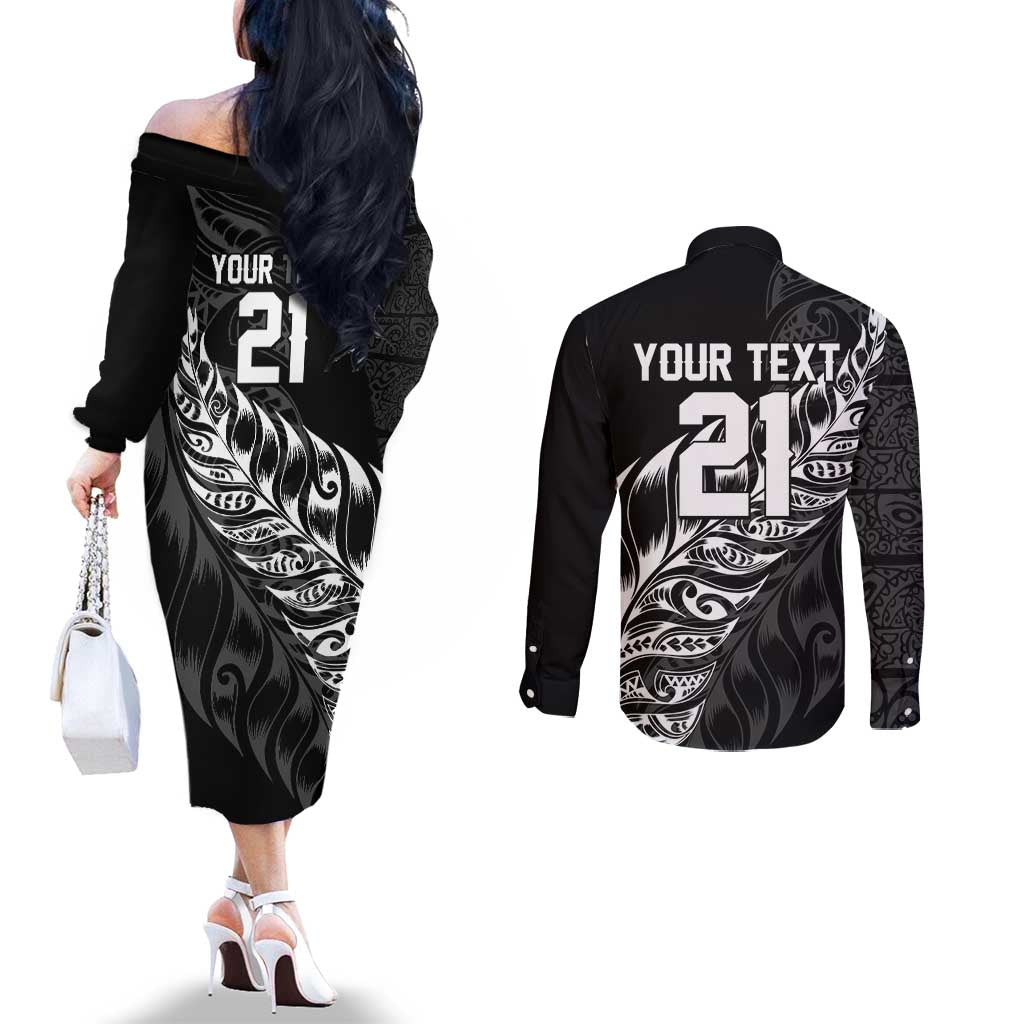 New Zealand Lawn Bowls Custom Couples Matching Off The Shoulder Long Sleeve Dress and Long Sleeve Button Shirt Black Maori Warrior Tribal Silver Fern LT9 - Polynesian Pride