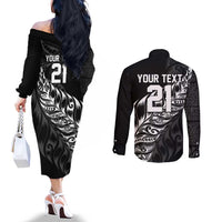 New Zealand Lawn Bowls Custom Couples Matching Off The Shoulder Long Sleeve Dress and Long Sleeve Button Shirt Black Maori Warrior Tribal Silver Fern LT9 - Polynesian Pride