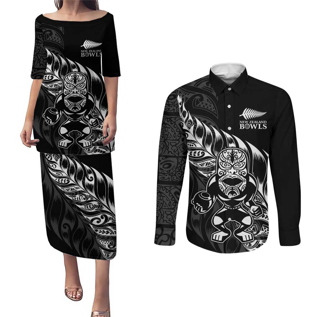 New Zealand Lawn Bowls Custom Couples Matching Puletasi and Long Sleeve Button Shirt Black Maori Warrior Tribal Silver Fern - Polynesian Pride