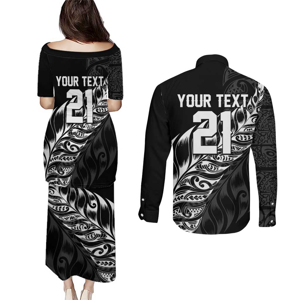 New Zealand Lawn Bowls Custom Couples Matching Puletasi and Long Sleeve Button Shirt Black Maori Warrior Tribal Silver Fern LT9 - Polynesian Pride