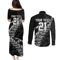 New Zealand Lawn Bowls Custom Couples Matching Puletasi and Long Sleeve Button Shirt Black Maori Warrior Tribal Silver Fern LT9 - Polynesian Pride
