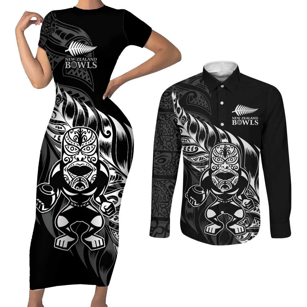 New Zealand Lawn Bowls Custom Couples Matching Short Sleeve Bodycon Dress and Long Sleeve Button Shirt Black Maori Warrior Tribal Silver Fern LT9 Black - Polynesian Pride