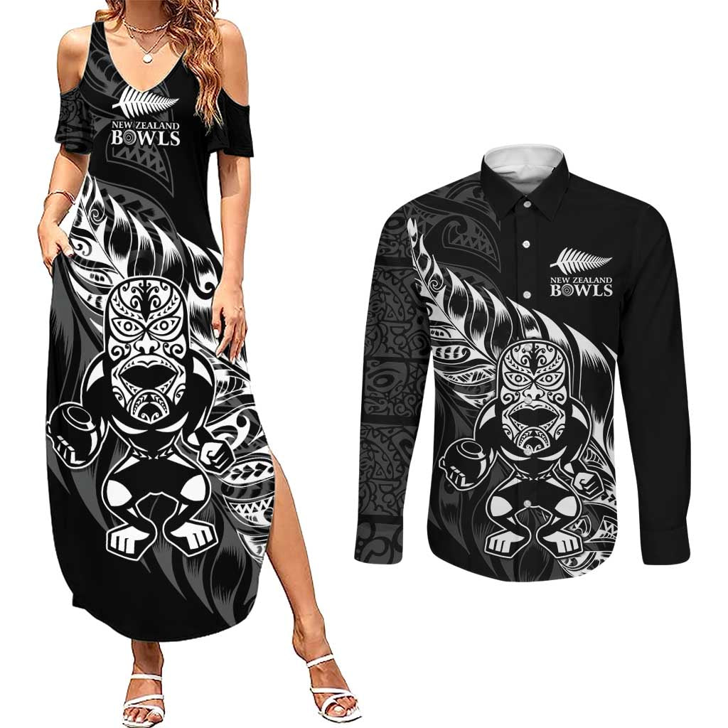 New Zealand Lawn Bowls Custom Couples Matching Summer Maxi Dress and Long Sleeve Button Shirt Black Maori Warrior Tribal Silver Fern LT9 Black - Polynesian Pride