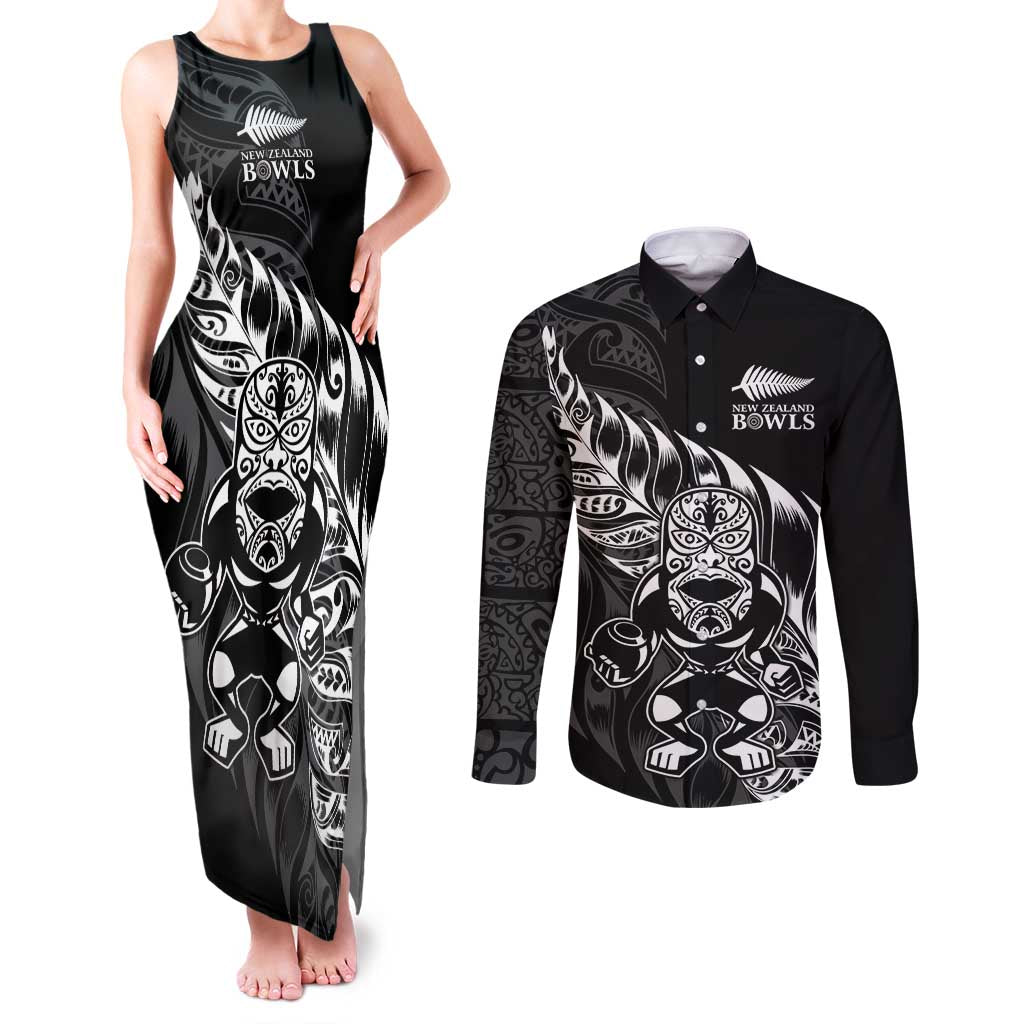 New Zealand Lawn Bowls Custom Couples Matching Tank Maxi Dress and Long Sleeve Button Shirt Black Maori Warrior Tribal Silver Fern LT9 Black - Polynesian Pride