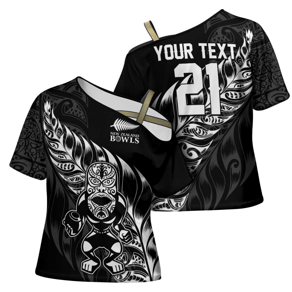 New Zealand Lawn Bowls Custom Cross Shoulder Shirt Black Maori Warrior Tribal Silver Fern LT9 - Polynesian Pride