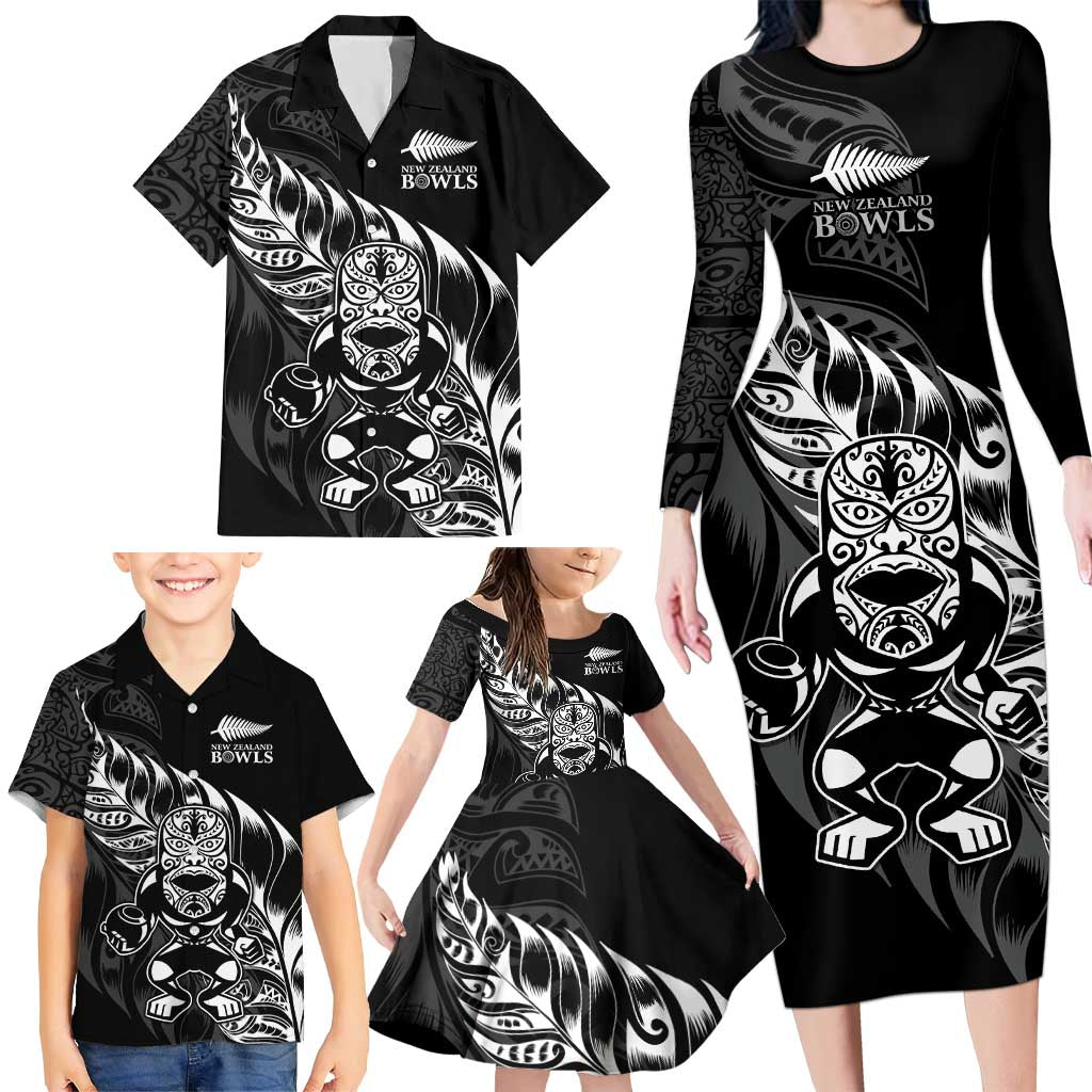 New Zealand Lawn Bowls Custom Family Matching Long Sleeve Bodycon Dress and Hawaiian Shirt Black Maori Warrior Tribal Silver Fern - Polynesian Pride