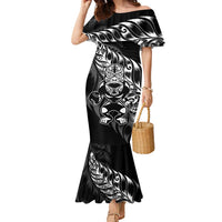 New Zealand Lawn Bowls Custom Family Matching Mermaid Dress and Hawaiian Shirt Black Maori Warrior Tribal Silver Fern LT9 Mom's Dress Black - Polynesian Pride