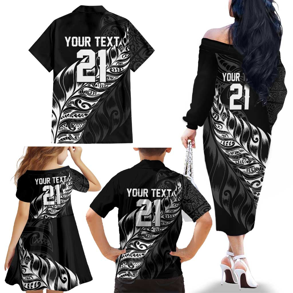 New Zealand Lawn Bowls Custom Family Matching Off The Shoulder Long Sleeve Dress and Hawaiian Shirt Black Maori Warrior Tribal Silver Fern LT9 - Polynesian Pride