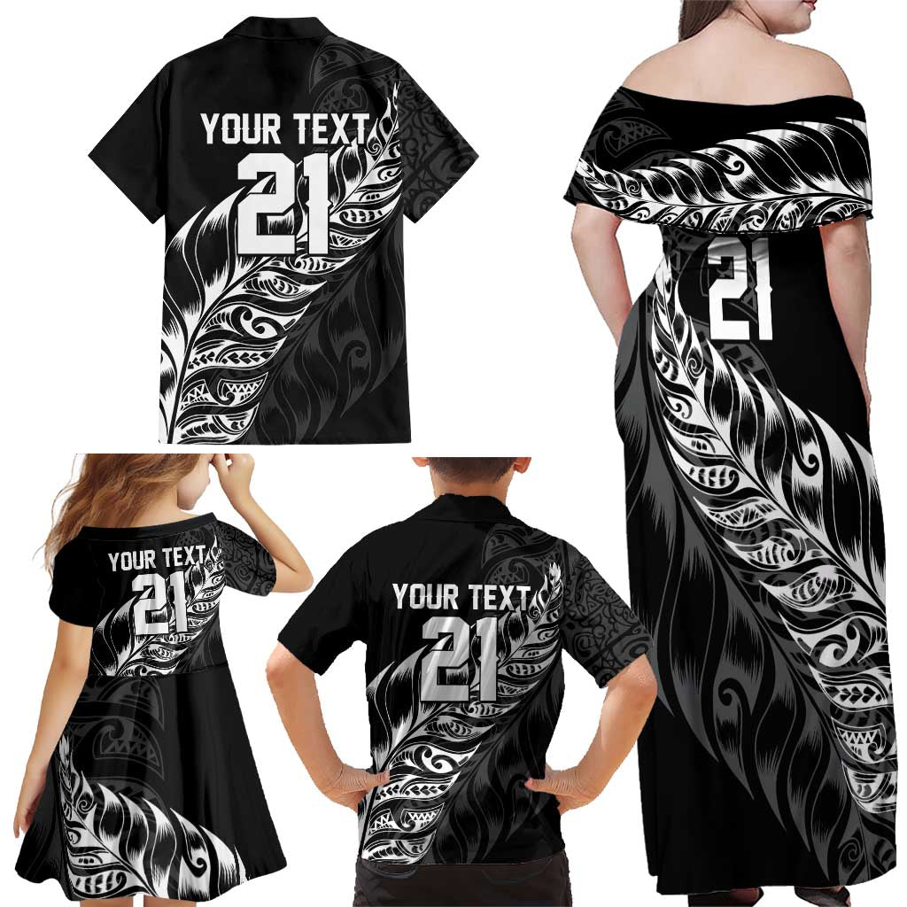 New Zealand Lawn Bowls Custom Family Matching Off Shoulder Maxi Dress and Hawaiian Shirt Black Maori Warrior Tribal Silver Fern LT9 - Polynesian Pride