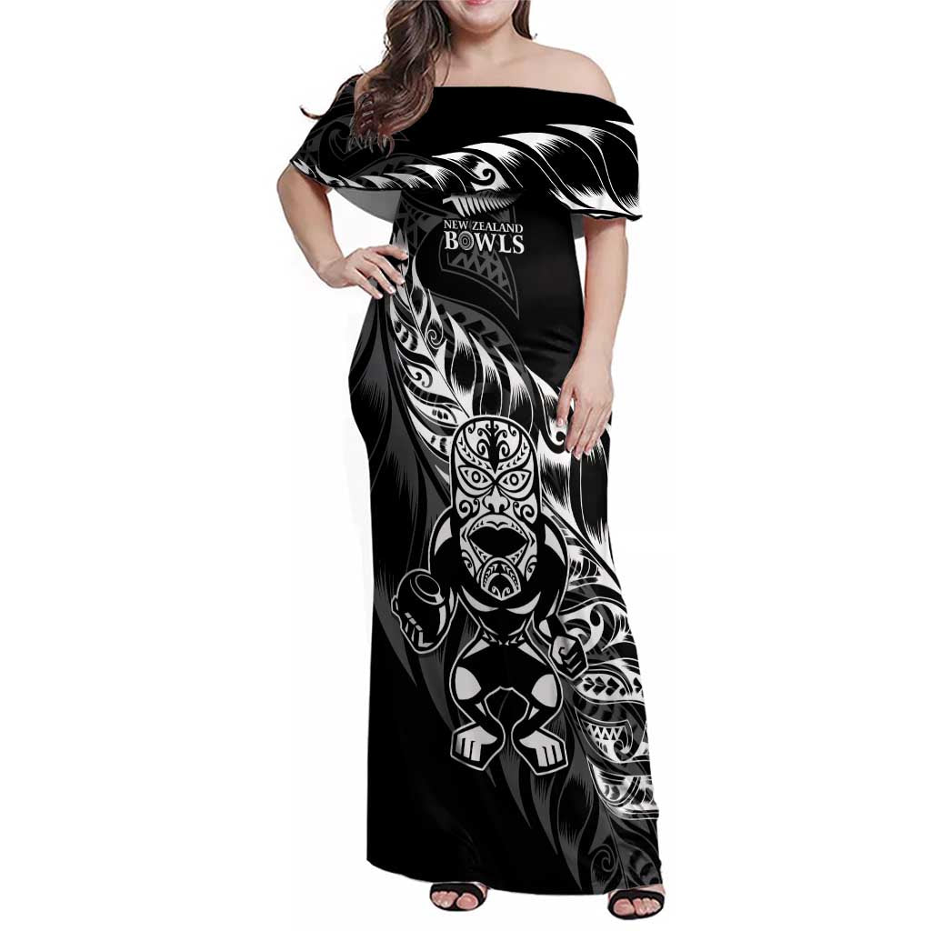 New Zealand Lawn Bowls Custom Family Matching Off Shoulder Maxi Dress and Hawaiian Shirt Black Maori Warrior Tribal Silver Fern LT9 Mom's Dress Black - Polynesian Pride