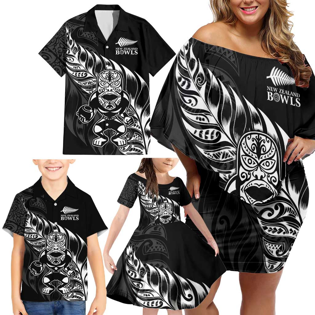 New Zealand Lawn Bowls Custom Family Matching Off Shoulder Short Dress and Hawaiian Shirt Black Maori Warrior Tribal Silver Fern - Polynesian Pride