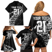 New Zealand Lawn Bowls Custom Family Matching Off Shoulder Short Dress and Hawaiian Shirt Black Maori Warrior Tribal Silver Fern LT9 - Polynesian Pride