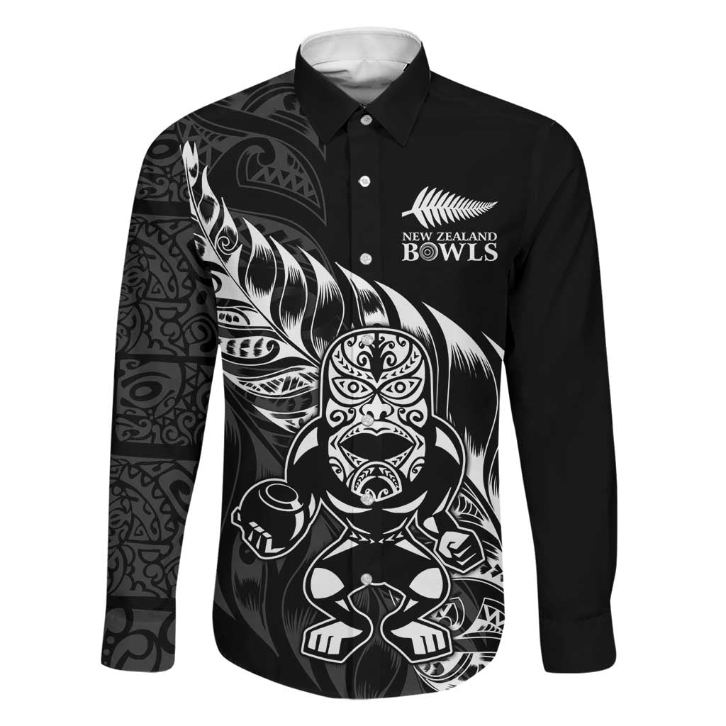 New Zealand Lawn Bowls Custom Family Matching Off Shoulder Short Dress and Hawaiian Shirt Black Maori Warrior Tribal Silver Fern LT9 Dad's Shirt - Long Sleeve Black - Polynesian Pride