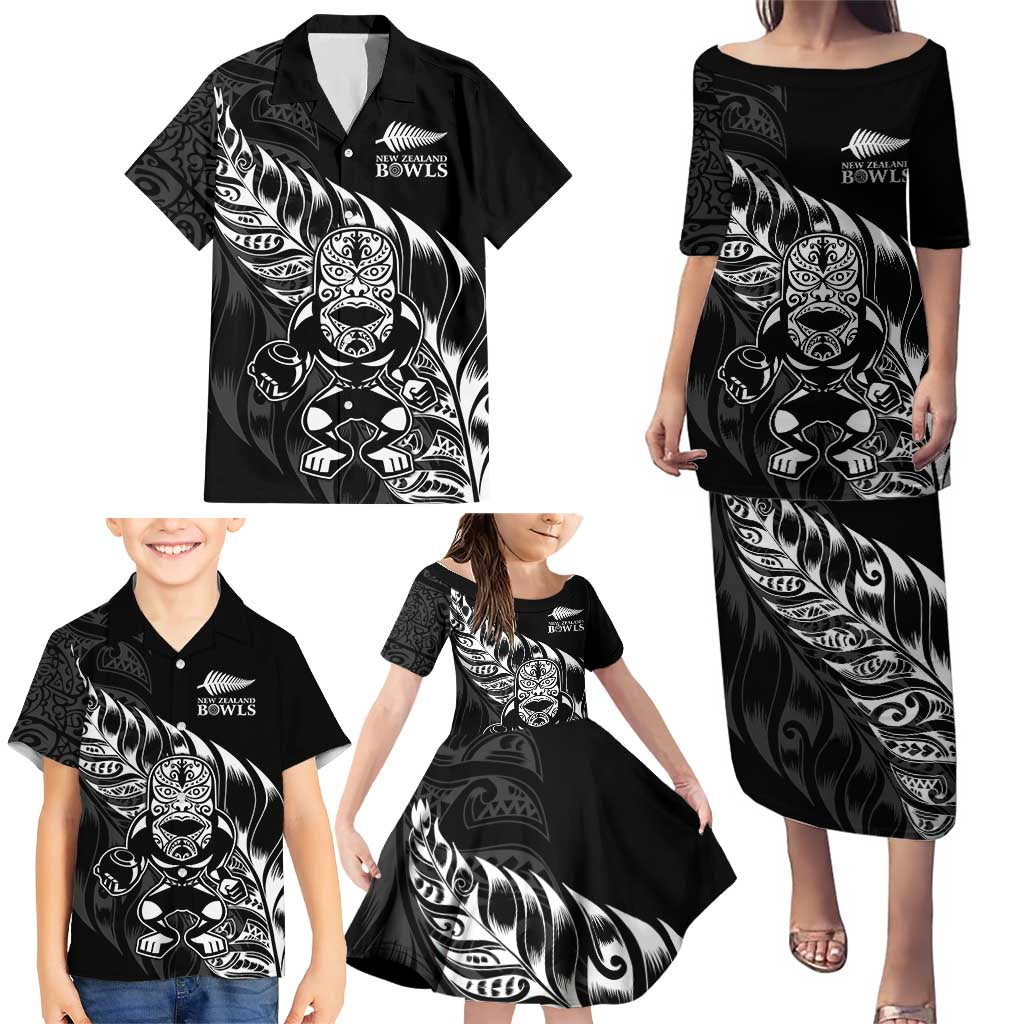New Zealand Lawn Bowls Custom Family Matching Puletasi and Hawaiian Shirt Black Maori Warrior Tribal Silver Fern LT9 - Polynesian Pride