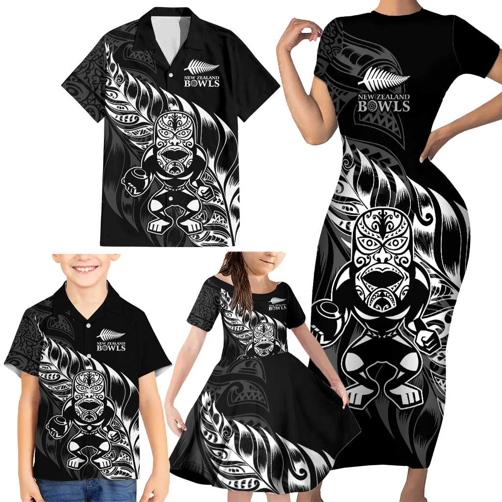 New Zealand Lawn Bowls Custom Family Matching Short Sleeve Bodycon Dress and Hawaiian Shirt Black Maori Warrior Tribal Silver Fern LT9 - Polynesian Pride