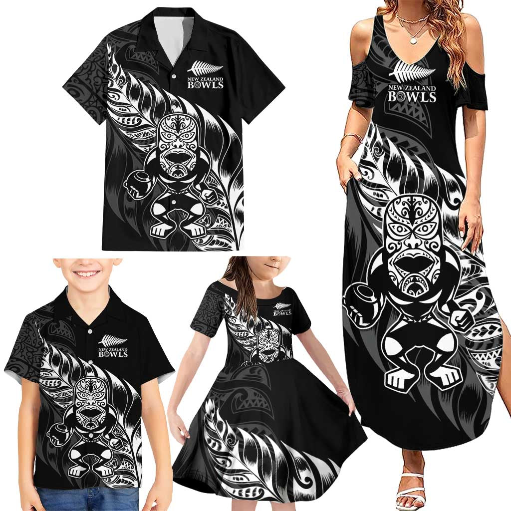 New Zealand Lawn Bowls Custom Family Matching Summer Maxi Dress and Hawaiian Shirt Black Maori Warrior Tribal Silver Fern - Polynesian Pride