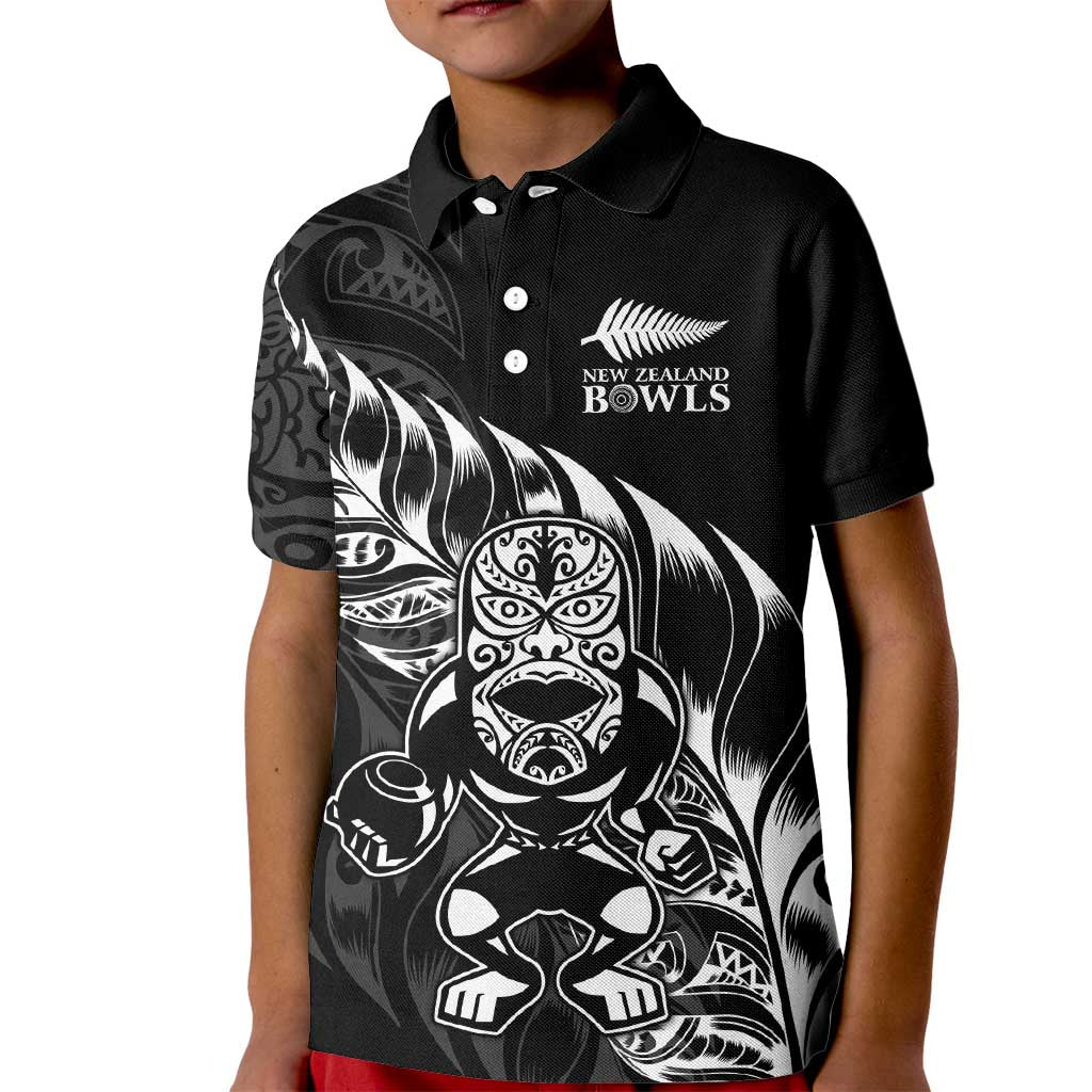 New Zealand Lawn Bowls Custom Kid Polo Shirt Black Maori Warrior Tribal Silver Fern LT9 Kid Black - Polynesian Pride