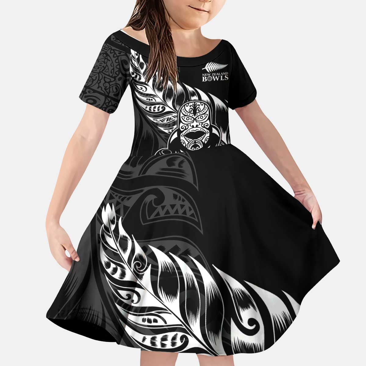 New Zealand Lawn Bowls Custom Kid Short Sleeve Dress Black Maori Warrior Tribal Silver Fern LT9 KID Black - Polynesian Pride