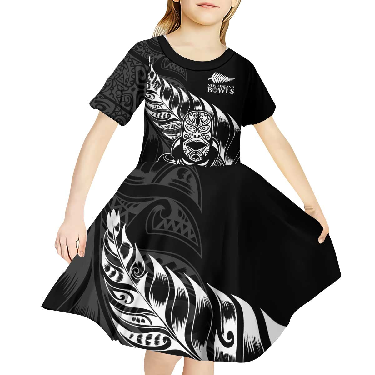 New Zealand Lawn Bowls Custom Kid Short Sleeve Dress Black Maori Warrior Tribal Silver Fern LT9 - Polynesian Pride