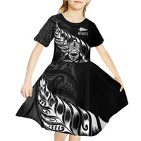 New Zealand Lawn Bowls Custom Kid Short Sleeve Dress Black Maori Warrior Tribal Silver Fern LT9 - Polynesian Pride