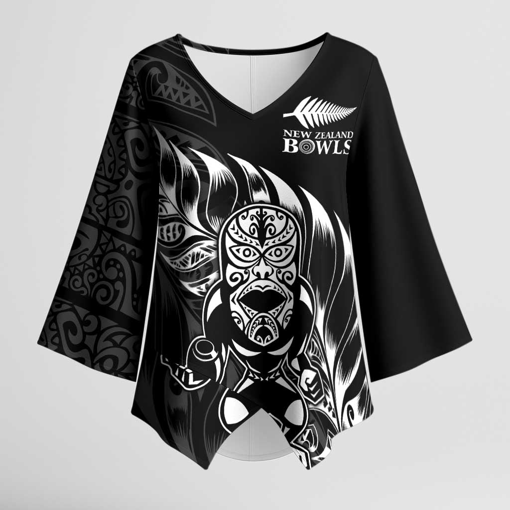 New Zealand Lawn Bowls Custom Kimono Sleeve Blouse Black Maori Warrior Tribal Silver Fern LT9 Female Black - Polynesian Pride