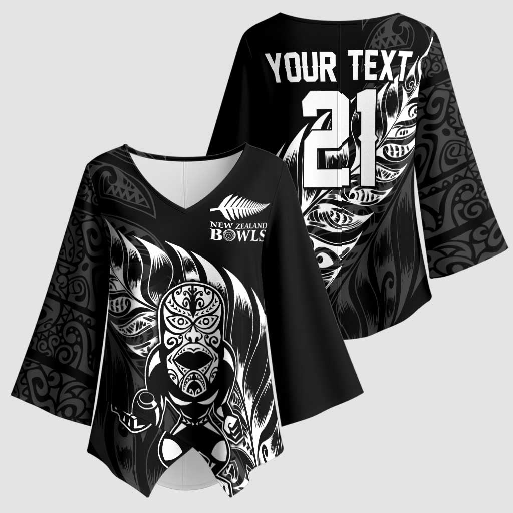 New Zealand Lawn Bowls Custom Kimono Sleeve Blouse Black Maori Warrior Tribal Silver Fern LT9 - Polynesian Pride