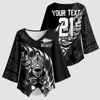 New Zealand Lawn Bowls Custom Kimono Sleeve Blouse Black Maori Warrior Tribal Silver Fern LT9 - Polynesian Pride