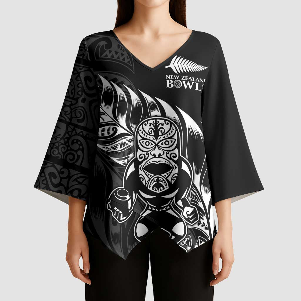 New Zealand Lawn Bowls Custom Kimono Sleeve Blouse Black Maori Warrior Tribal Silver Fern LT9 - Polynesian Pride