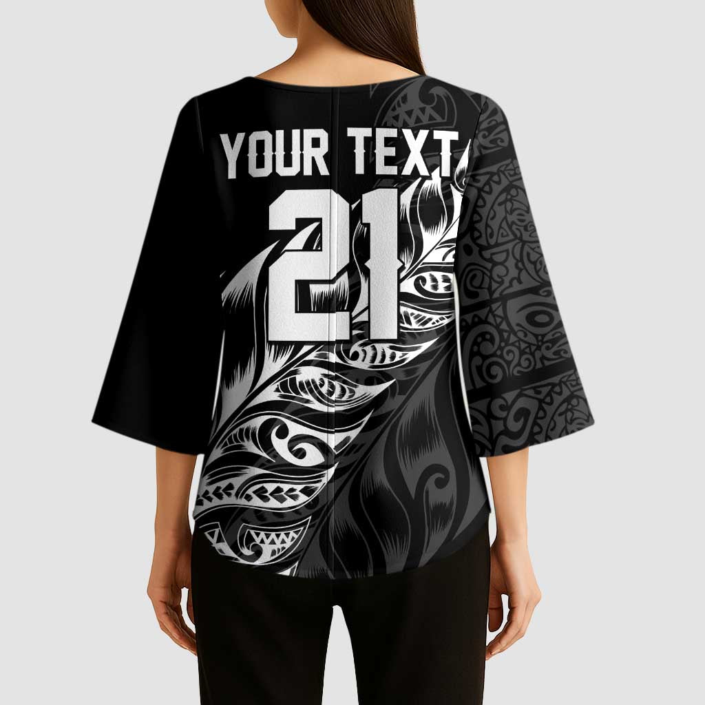 New Zealand Lawn Bowls Custom Kimono Sleeve Blouse Black Maori Warrior Tribal Silver Fern LT9 - Polynesian Pride