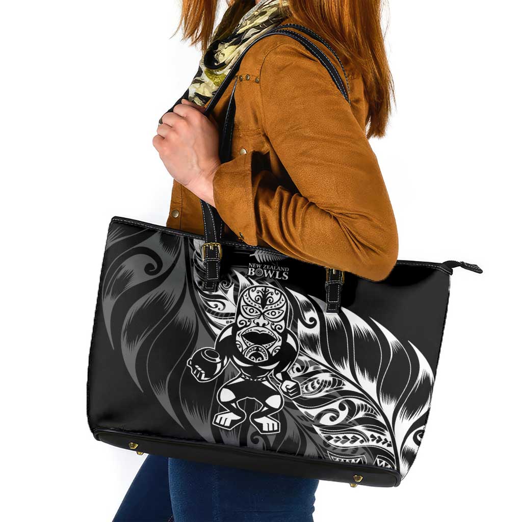 New Zealand Lawn Bowls Leather Tote Bag Black Maori Warrior Tribal Silver Fern LT9 Black - Polynesian Pride