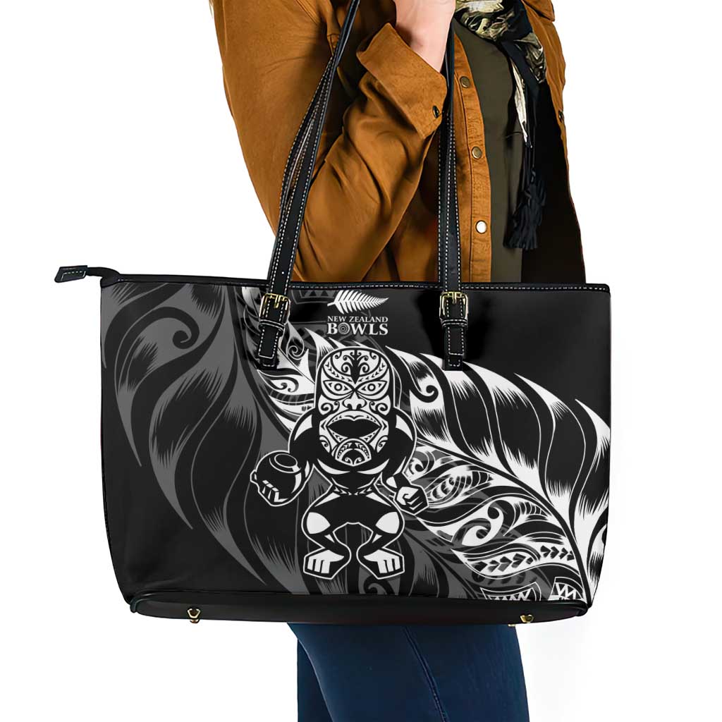 New Zealand Lawn Bowls Leather Tote Bag Black Maori Warrior Tribal Silver Fern LT9 - Polynesian Pride