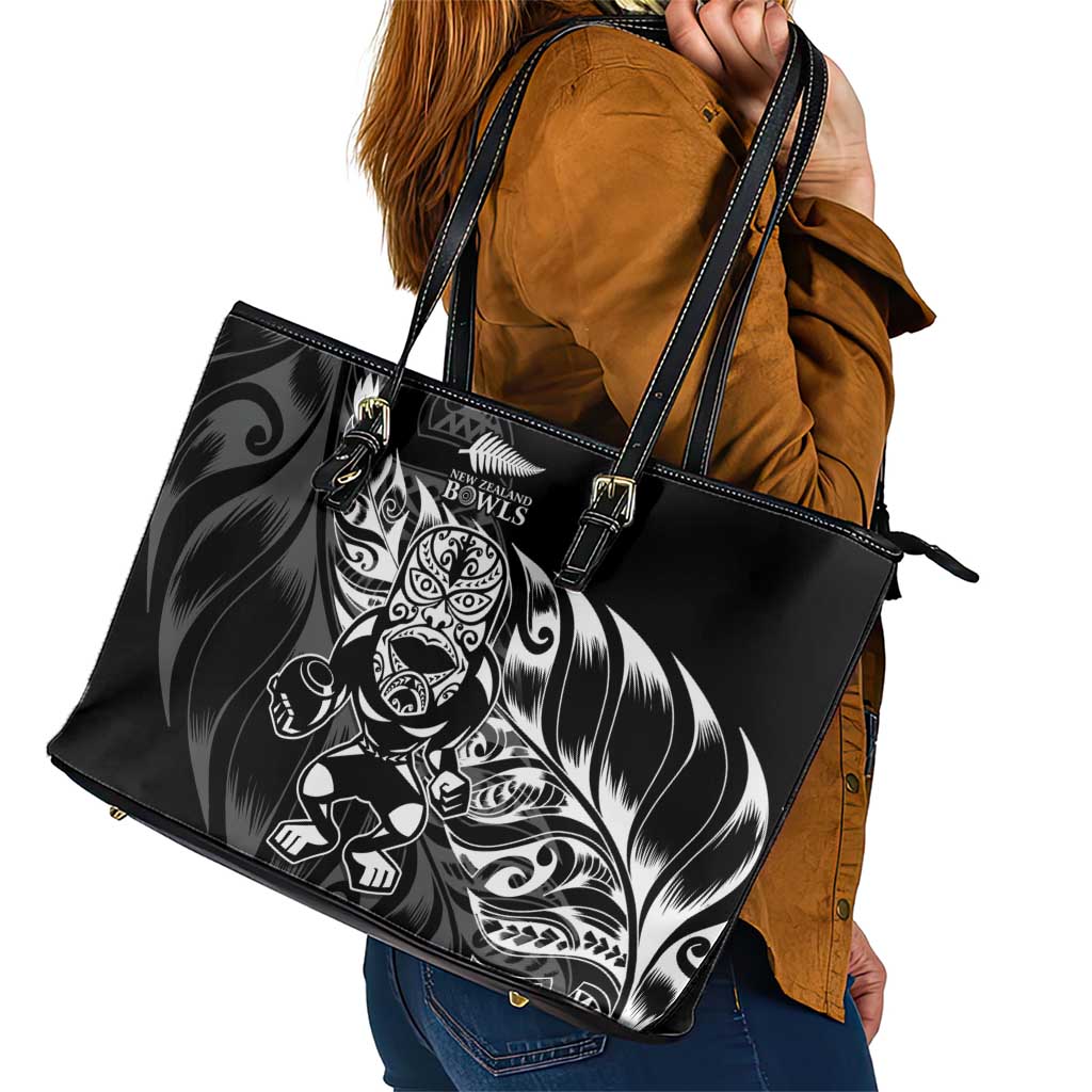 New Zealand Lawn Bowls Leather Tote Bag Black Maori Warrior Tribal Silver Fern LT9 - Polynesian Pride