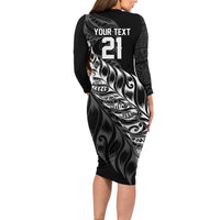 New Zealand Lawn Bowls Custom Long Sleeve Bodycon Dress Black Maori Warrior Tribal Silver Fern LT9 - Polynesian Pride