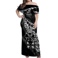 New Zealand Lawn Bowls Custom Off Shoulder Maxi Dress Black Maori Warrior Tribal Silver Fern LT9 Women Black - Polynesian Pride