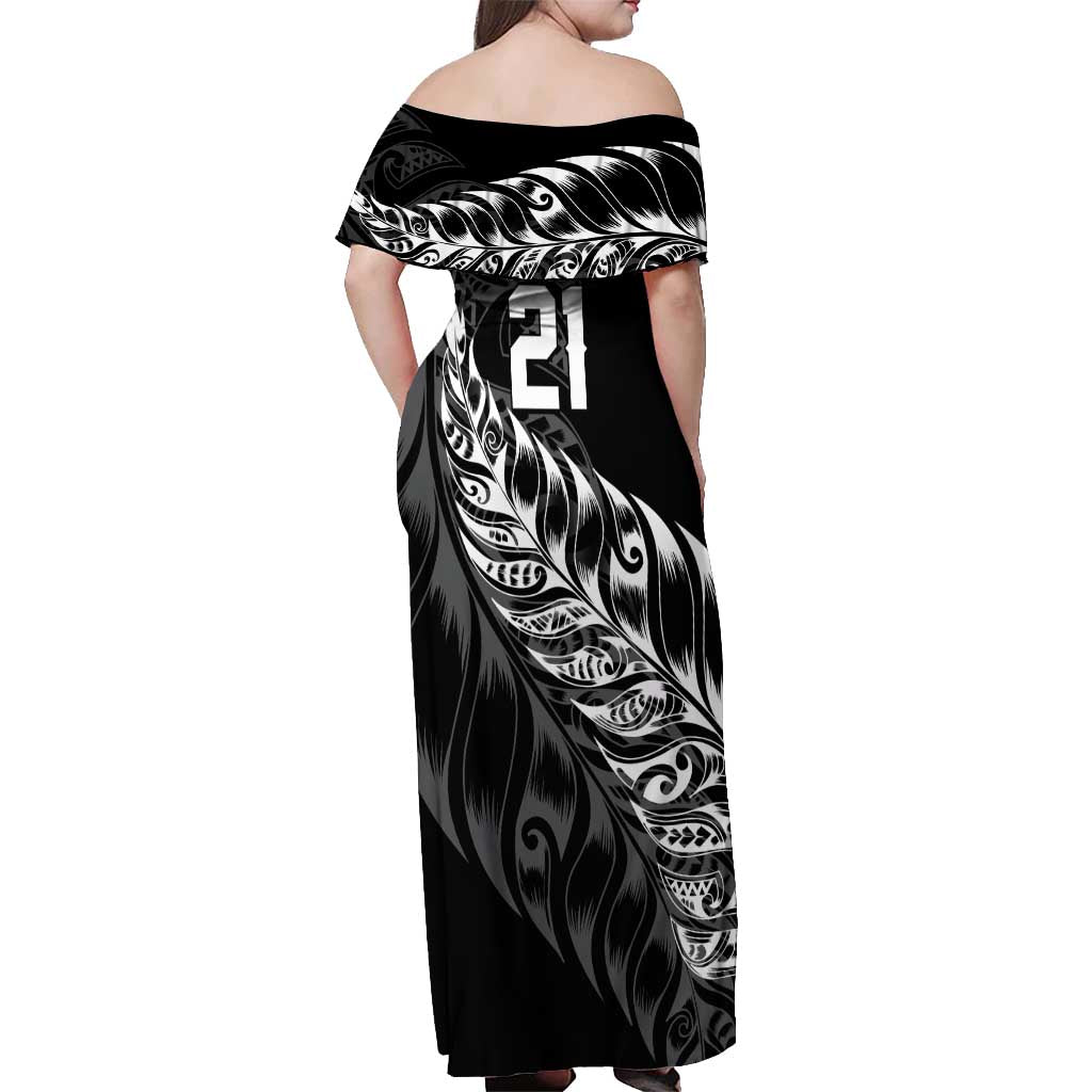 New Zealand Lawn Bowls Custom Off Shoulder Maxi Dress Black Maori Warrior Tribal Silver Fern LT9 - Polynesian Pride