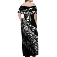 New Zealand Lawn Bowls Custom Off Shoulder Maxi Dress Black Maori Warrior Tribal Silver Fern LT9 - Polynesian Pride
