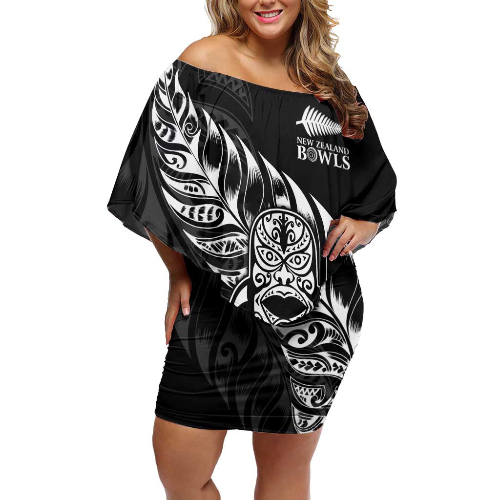 New Zealand Lawn Bowls Custom Off Shoulder Short Dress Black Maori Warrior Tribal Silver Fern LT9 Women Black - Polynesian Pride