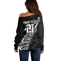 New Zealand Lawn Bowls Custom Off Shoulder Sweater Black Maori Warrior Tribal Silver Fern LT9 - Polynesian Pride