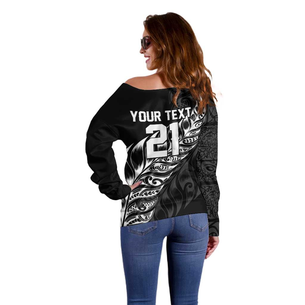 New Zealand Lawn Bowls Custom Off Shoulder Sweater Black Maori Warrior Tribal Silver Fern LT9 - Polynesian Pride