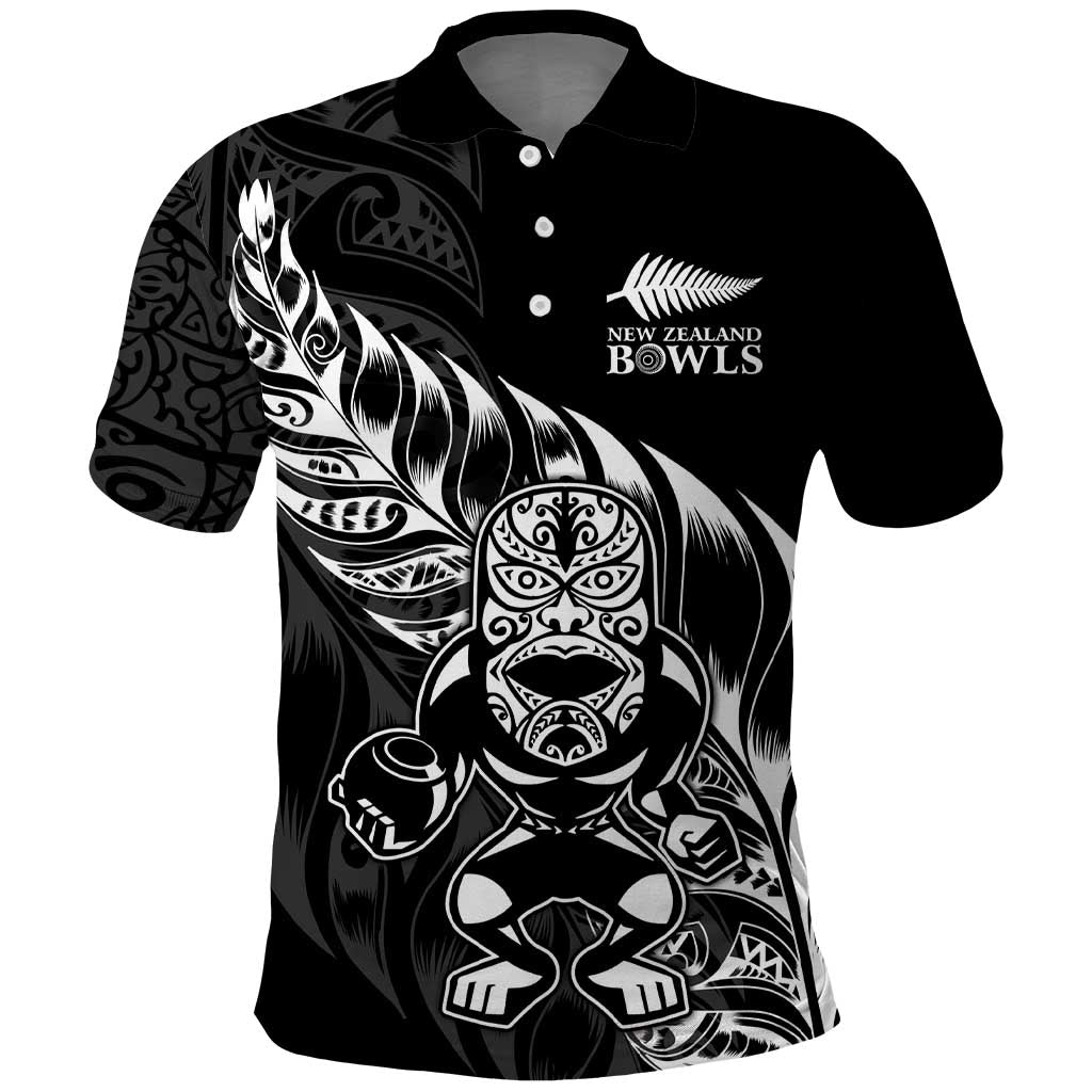 New Zealand Lawn Bowls Custom Polo Shirt Black Maori Warrior Tribal Silver Fern - Polynesian Pride
