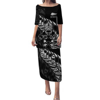 New Zealand Lawn Bowls Custom Puletasi Black Maori Warrior Tribal Silver Fern LT9 Long Dress Black - Polynesian Pride