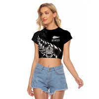 New Zealand Lawn Bowls Custom Raglan Cropped T Shirt Black Maori Warrior Tribal Silver Fern LT9 Female Black - Polynesian Pride