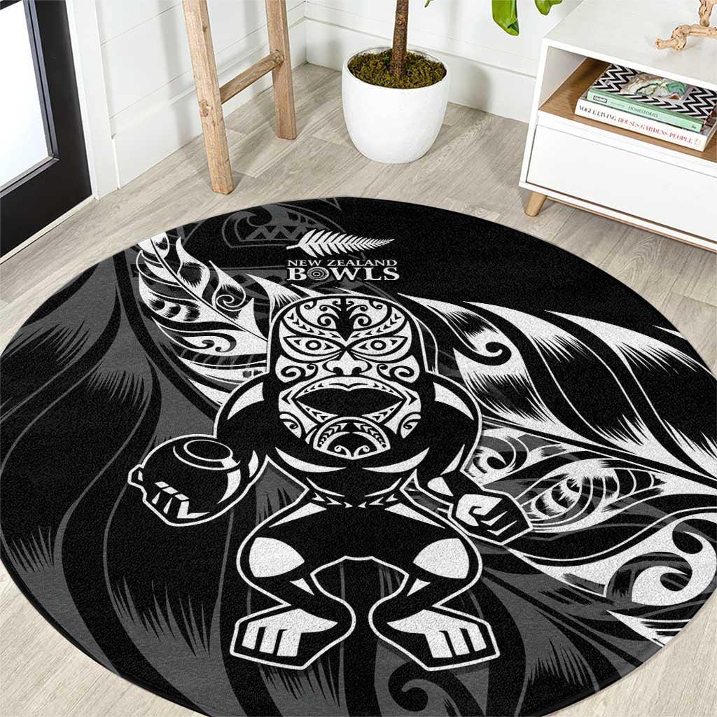 New Zealand Lawn Bowls Round Carpet Black Maori Warrior Tribal Silver Fern LT9 Black - Polynesian Pride