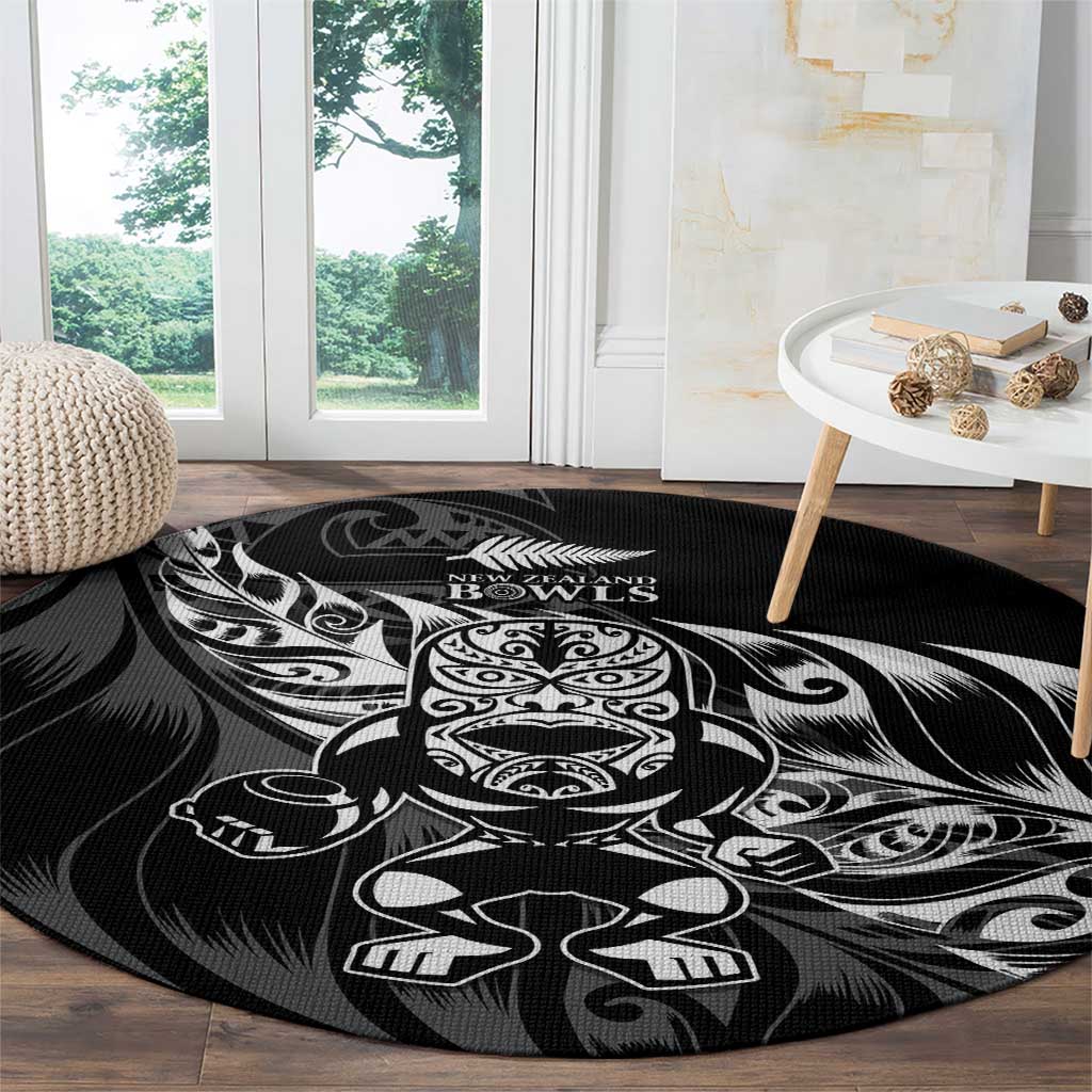 New Zealand Lawn Bowls Round Carpet Black Maori Warrior Tribal Silver Fern LT9 - Polynesian Pride